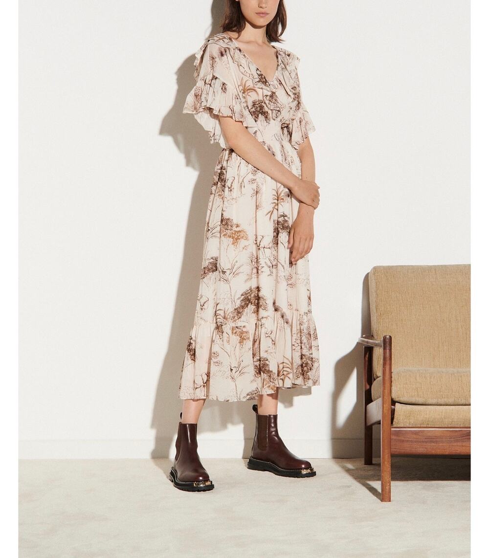 Sandro Paris Safari Toile Ruffle Midi Dress